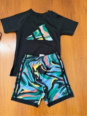 Adidas Matching Active Wear Set Tee with Multicolor Swirl Shorts